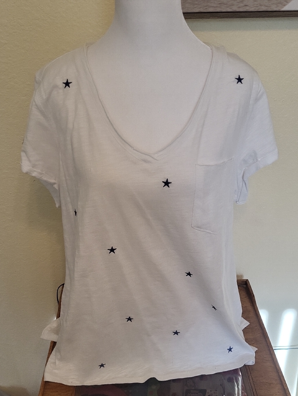 Cynthia Rowley White V-Neck Tee with Navy Star Embroidery